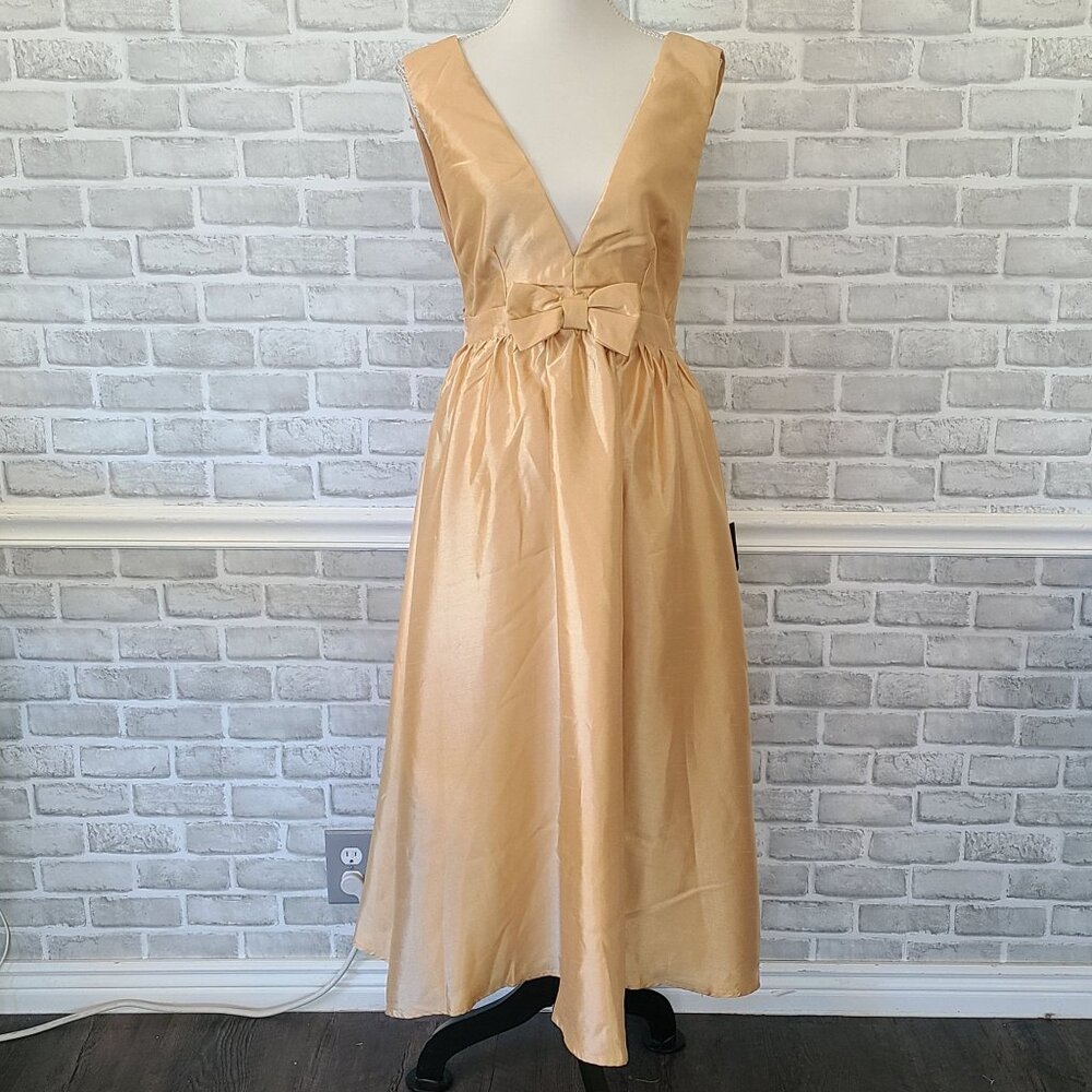 Lulus Gold Plunge Neck Bow Midi Day Dress Elegant NEW Medium Wedding Prom